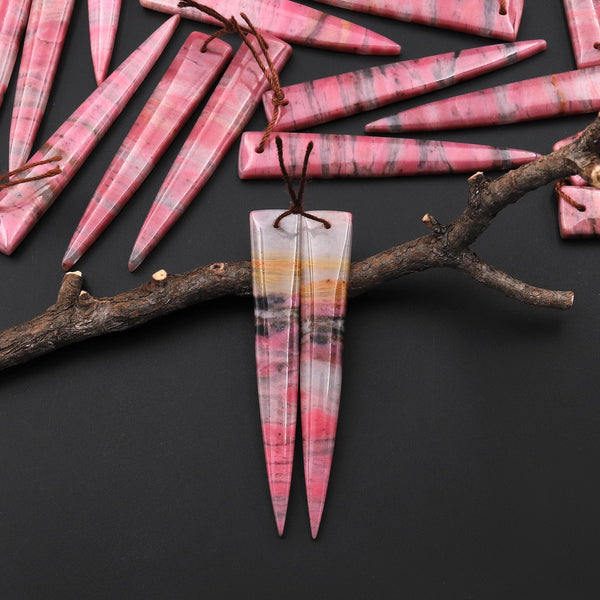 AAA Natural Pink Rhodonite In Quartz Earring Pair Long Dagger Triangle Drilled Matched Gemstone Beads A8