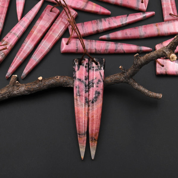 AAA Natural Pink Rhodonite In Quartz Earring Pair Long Dagger Triangle Drilled Matched Gemstone Beads A9