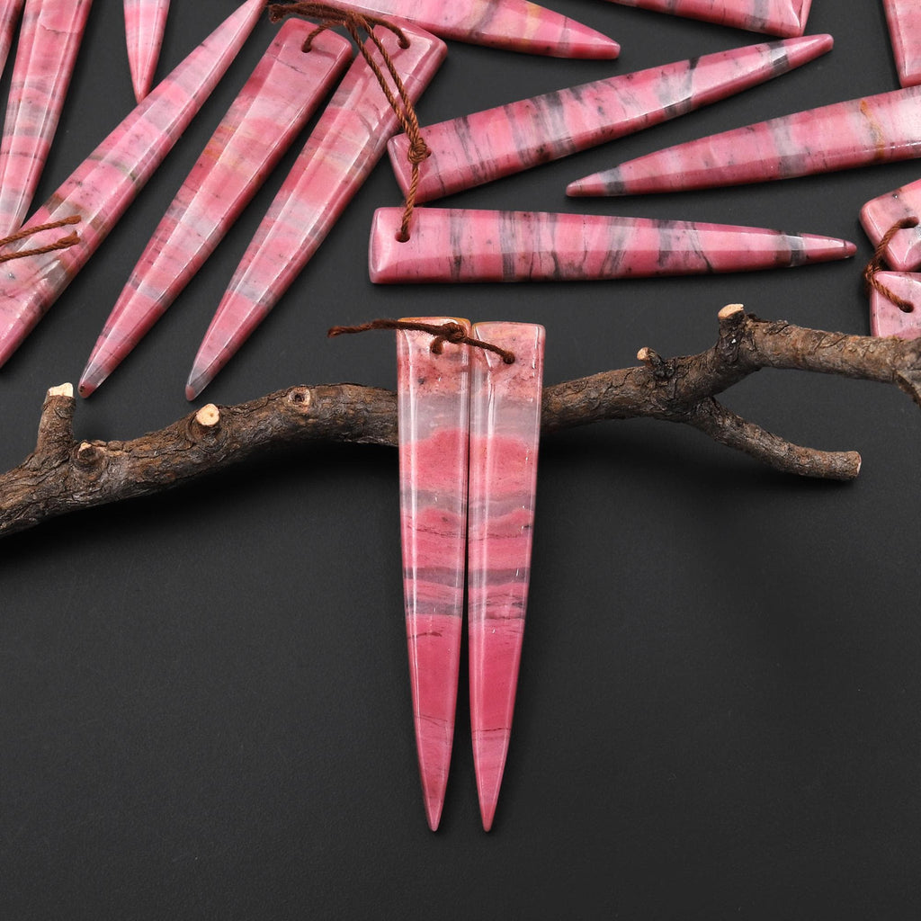 AAA Natural Pink Rhodonite In Quartz Earring Pair Long Dagger Triangle Drilled Matched Gemstone Beads A10