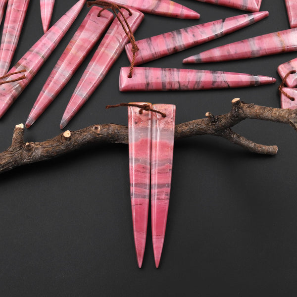 AAA Natural Pink Rhodonite In Quartz Earring Pair Long Dagger Triangle Drilled Matched Gemstone Beads A10