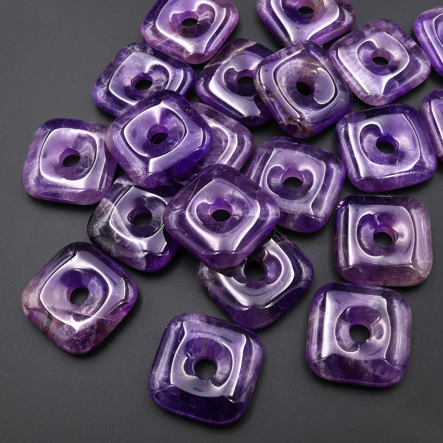 AAA Natural Purple Amethyst Square Donut Pendant 30mm