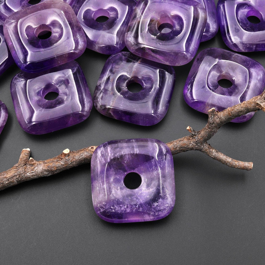 AAA Natural Purple Amethyst Square Donut Pendant 30mm A1