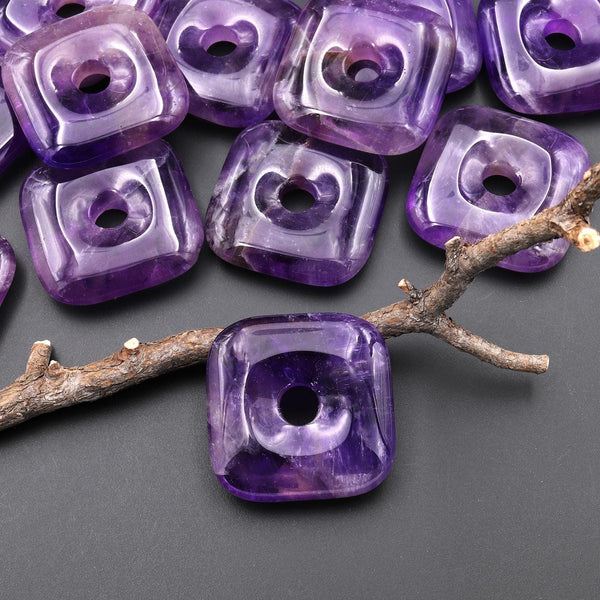 AAA Natural Purple Amethyst Square Donut Pendant 30mm A3