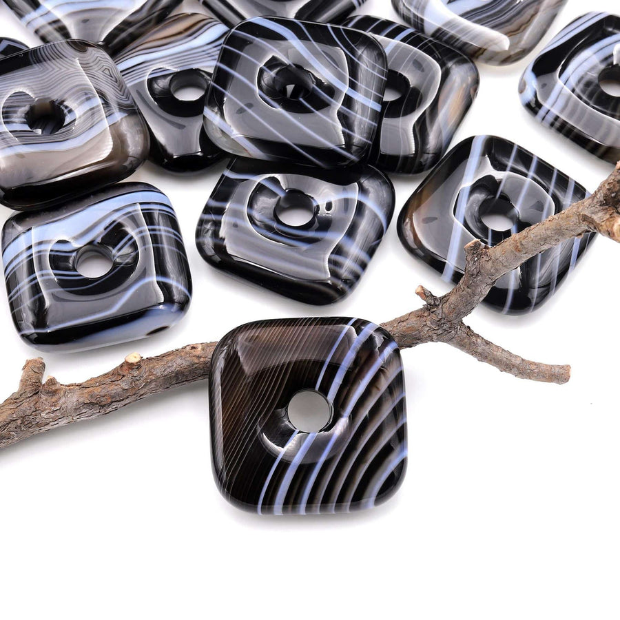 AAA Natural Black Agate Square Donut Pendant 30mm