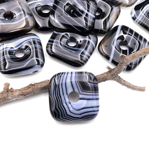AAA Natural Black Agate Square Donut Pendant 30mm A2