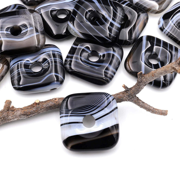 AAA Natural Black Agate Square Donut Pendant 30mm A4