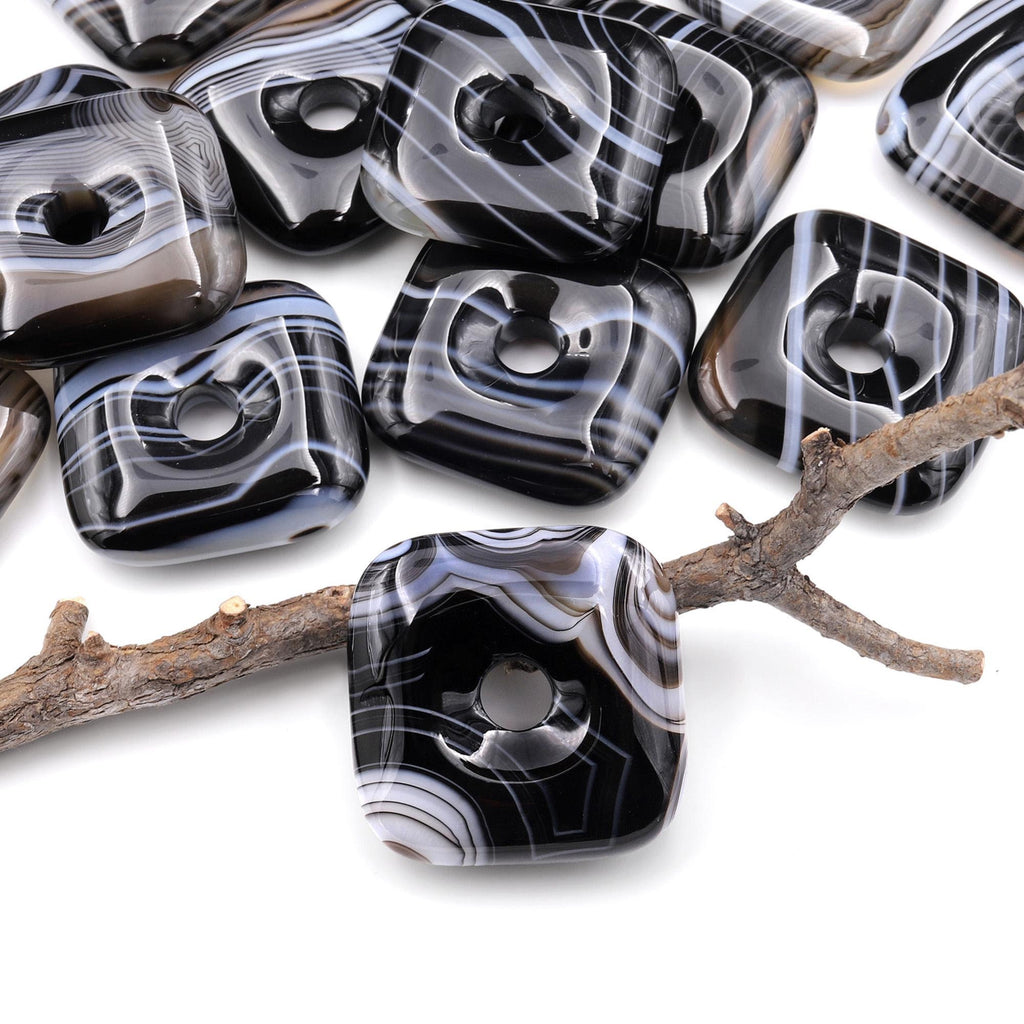 AAA Natural Black Agate Square Donut Pendant 30mm A5