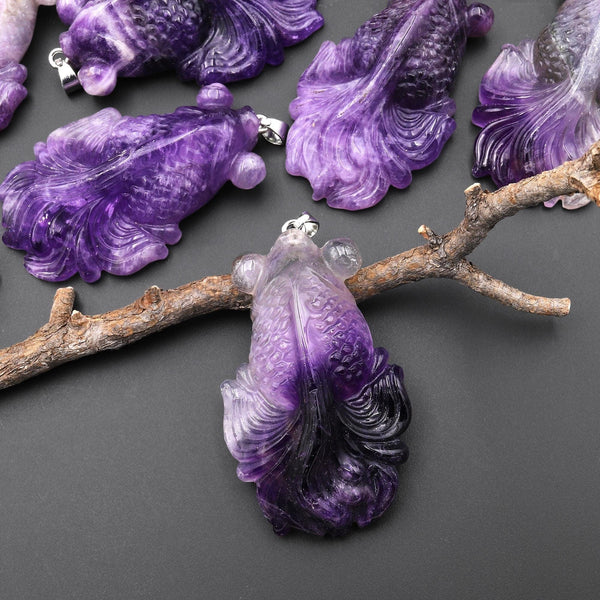 Hand Carved Natural Purple Amethyst Goldfish Gemstone Pendant A4
