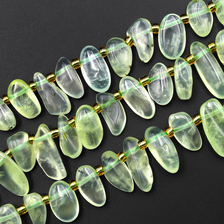 Natural Green Prehnite Freeform Oval Pebble Nugget Beads Top Side Drilled Gemstone 15.5" Strand