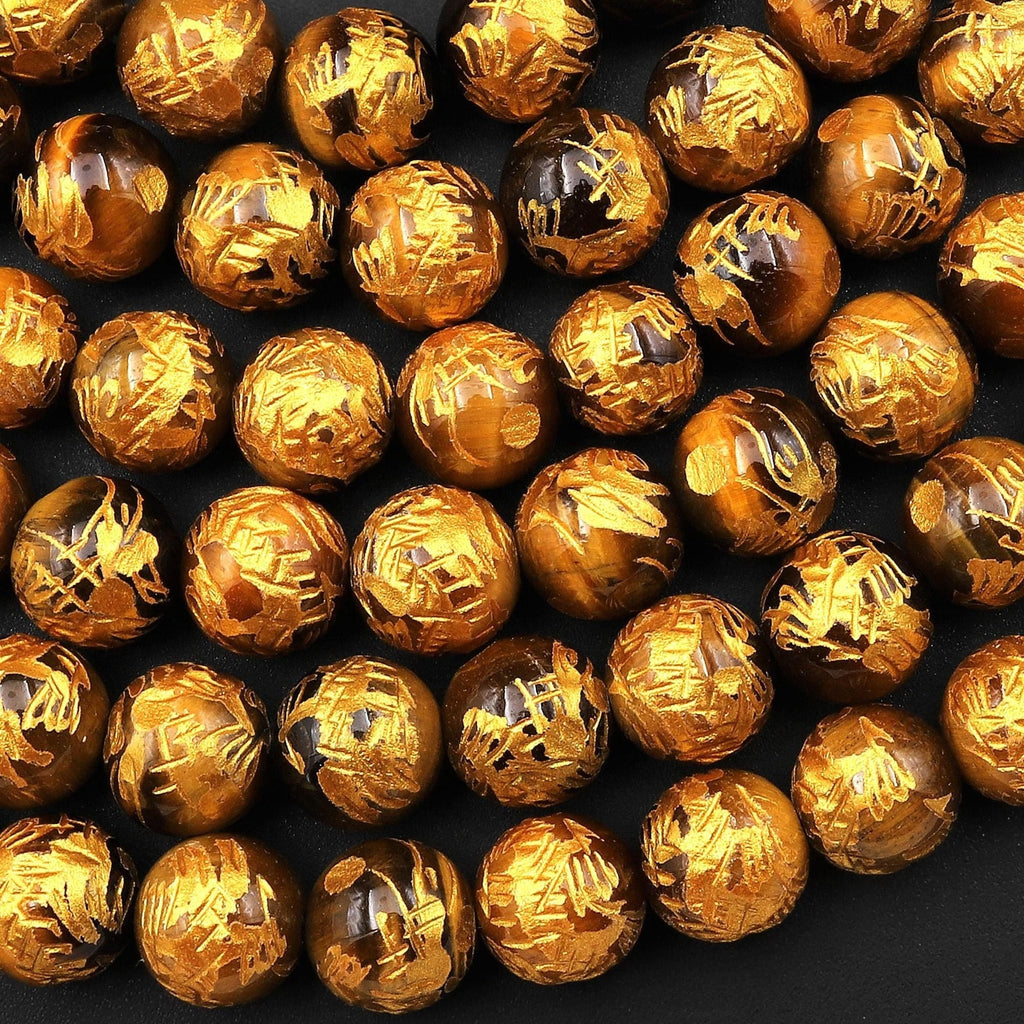 Natural Tiger's Eye Hand Carved Gold Dragon 8mm 12mm Round Gemstone Beads Select from 5 pcs, 10 pcs