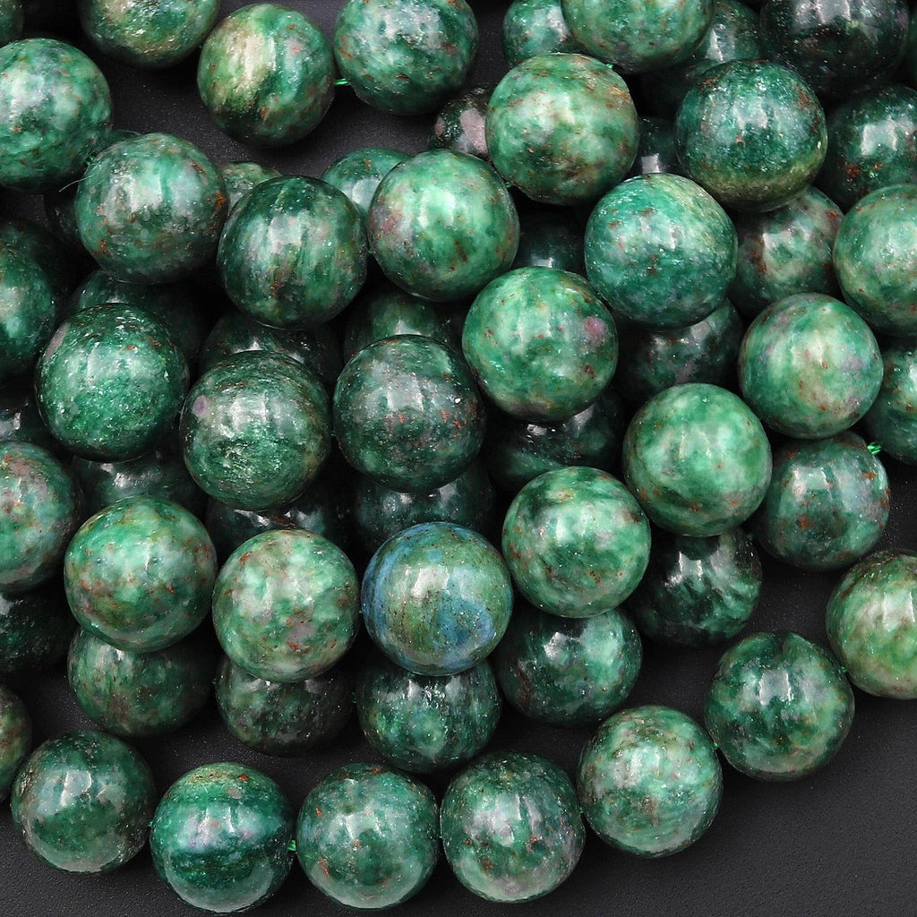 Natural Ruby Fuchsite Green Muscovite Mica Smooth Round Beads 12mm 14mm Gemstone 15.5" Strand