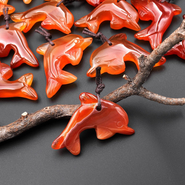 Hand-Carved Natural Orange Red Carnelian Agate Dolphin Pendant