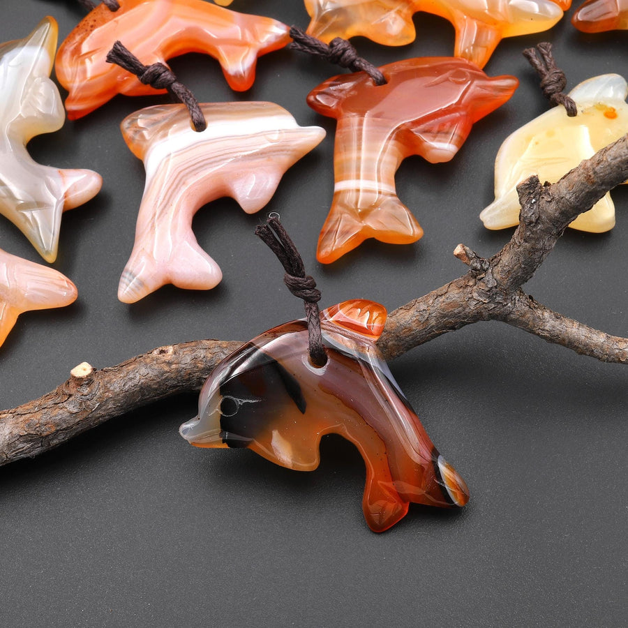 Hand-Carved Natural Carnelian Dolphin Pendant