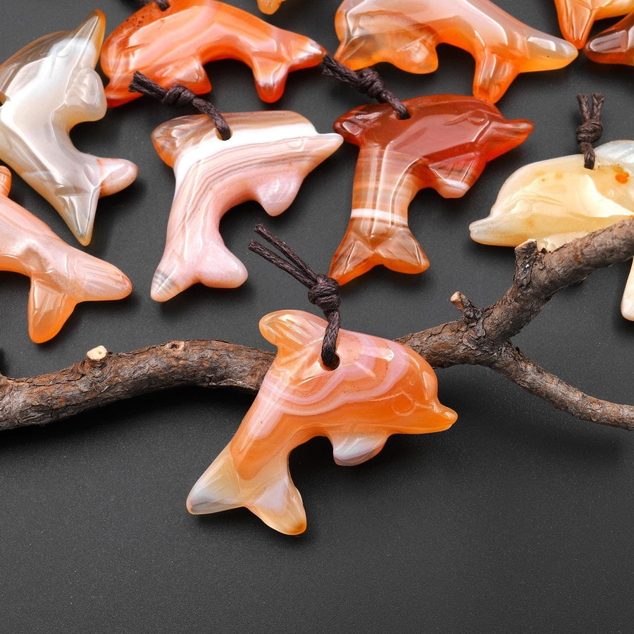 Hand-Carved Natural Carnelian Dolphin Pendant