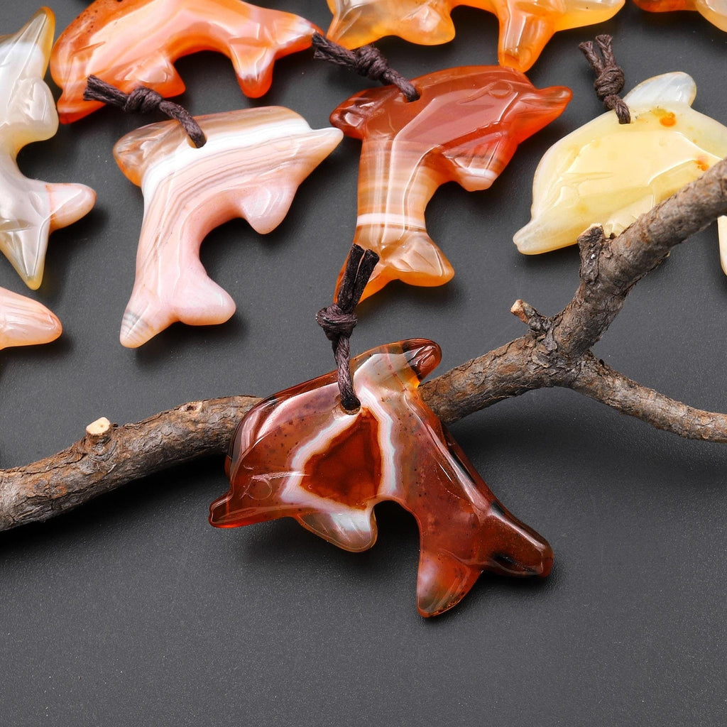 Hand-Carved Natural Carnelian Dolphin Pendant A6