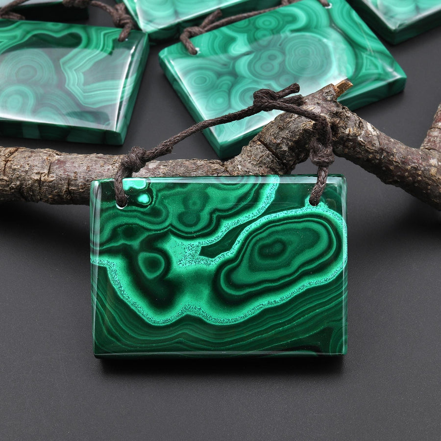 AAA Large 2 Hole Natural Malachite Rectangle Pendant