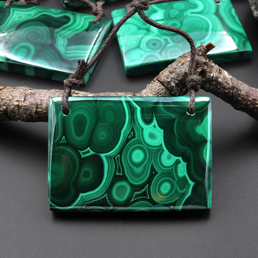 AAA Large 2 Hole Natural Malachite Rectangle Pendant