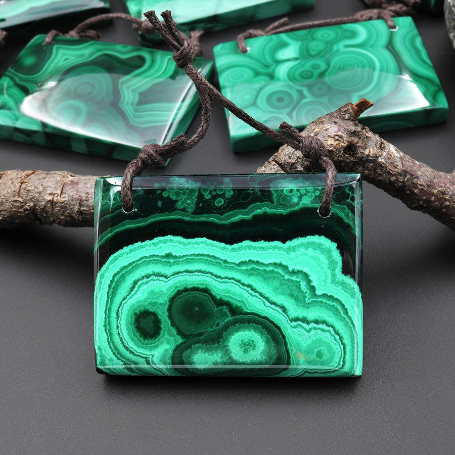 AAA Large 2 Hole Natural Malachite Rectangle Pendant