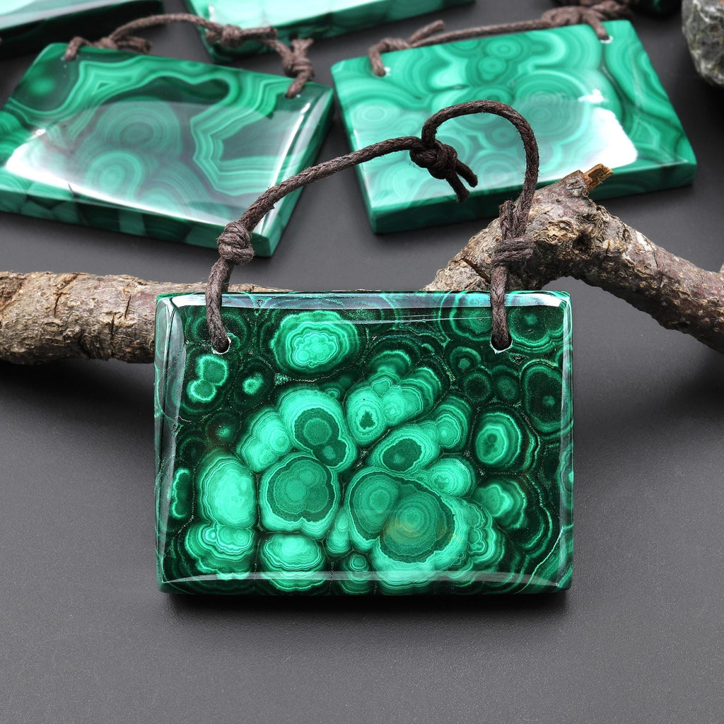 AAA Large 2 Hole Natural Malachite Rectangle Pendant A9