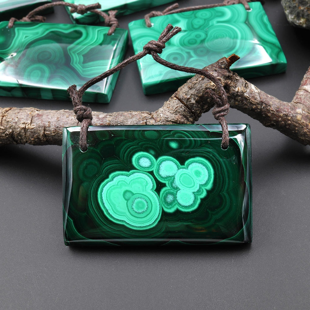 AAA Large 2 Hole Natural Malachite Rectangle Pendant A10