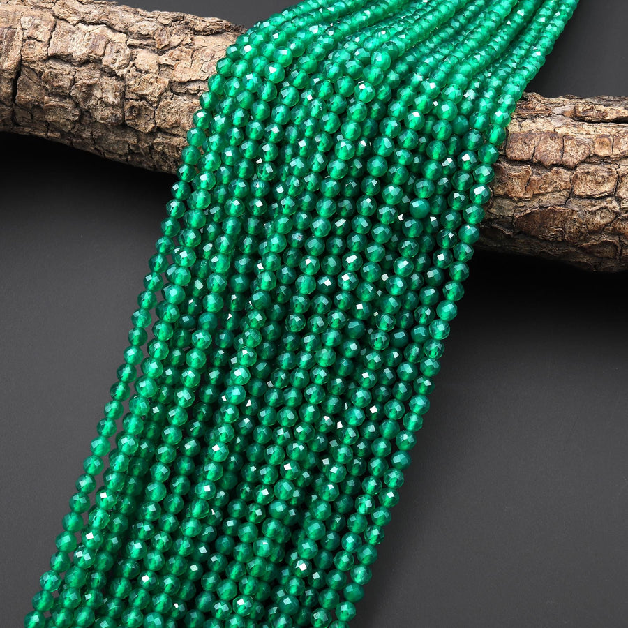 Faceted Emerald Green Agate 2mm 3mm 4mm Beads Micro Cut Gemstone 15.5" Strand