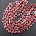 AAA Faceted Natural Strawberry Quartz Geometric Hexagon Coin 12mm Gemstone 15.5" Strand