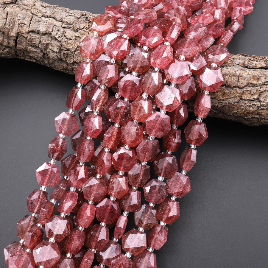 AAA Faceted Natural Strawberry Quartz Geometric Hexagon Coin 12mm Gemstone 15.5" Strand