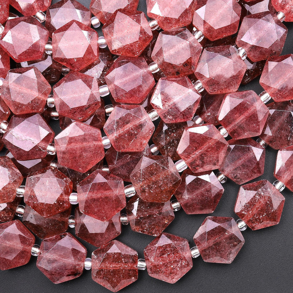 AAA Faceted Natural Strawberry Quartz Geometric Hexagon Coin 12mm Gemstone 15.5" Strand