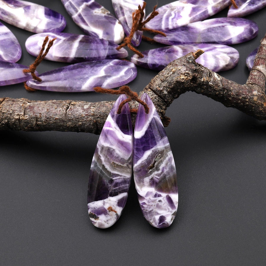 Natural Purple Chevron Amethyst W/ White Stripes Earring Pair Teardrop Matched Gemstone Beads A2