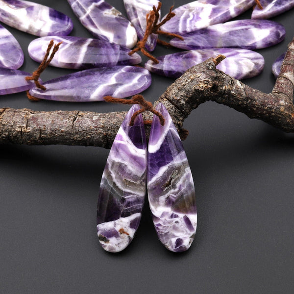 Natural Purple Chevron Amethyst W/ White Stripes Earring Pair Teardrop Matched Gemstone Beads A2