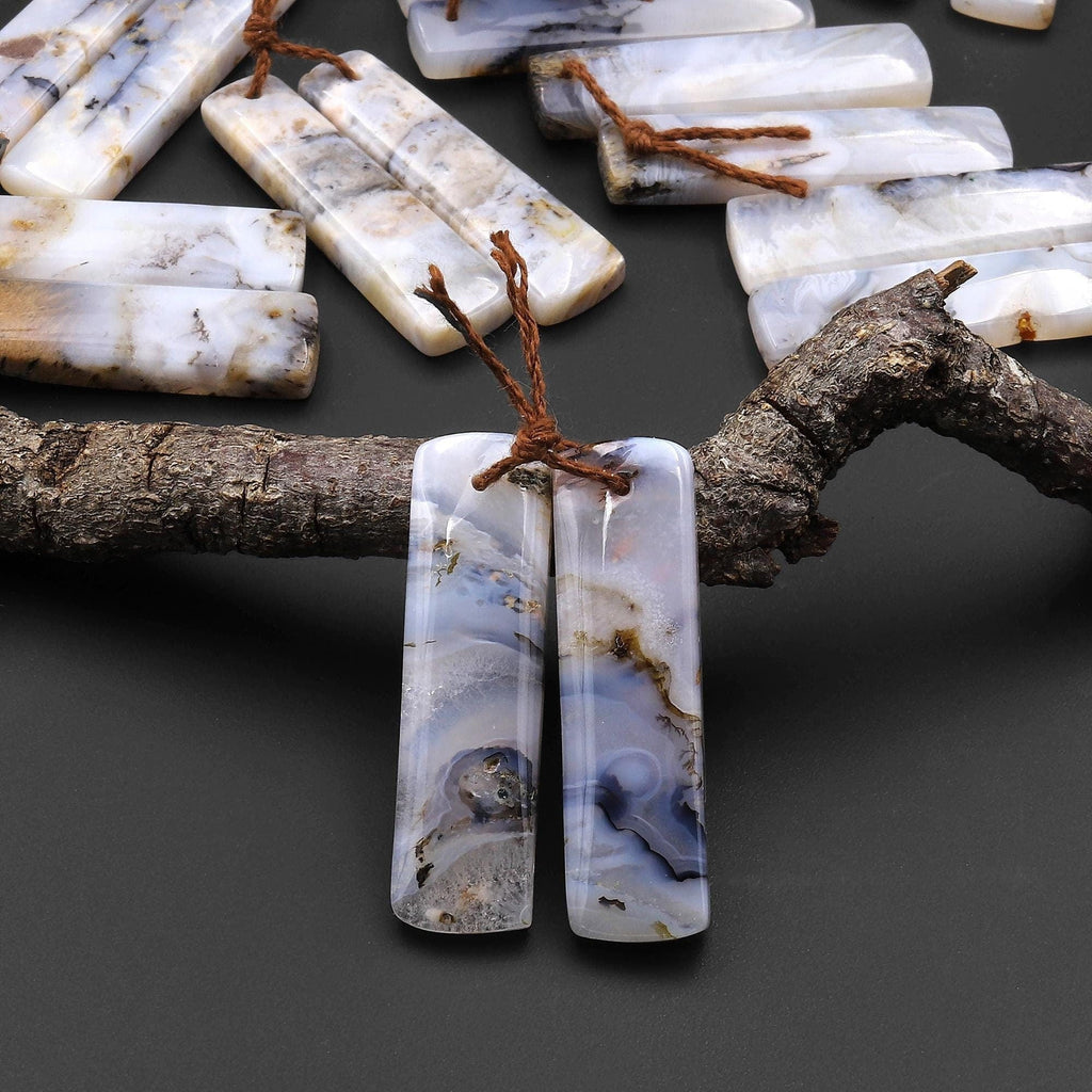 Natural Madagascar Picture Agate Earring Pair Drilled Matched Rectangle Gemstone Beads