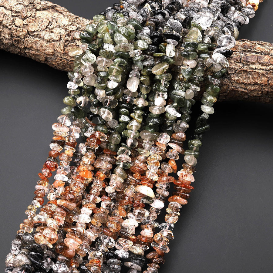 Natural Red Blue Green Tourmaline Rutile Quartz Freeform Chip Pebble Nugget Beads Gemstone 15.5" Strand