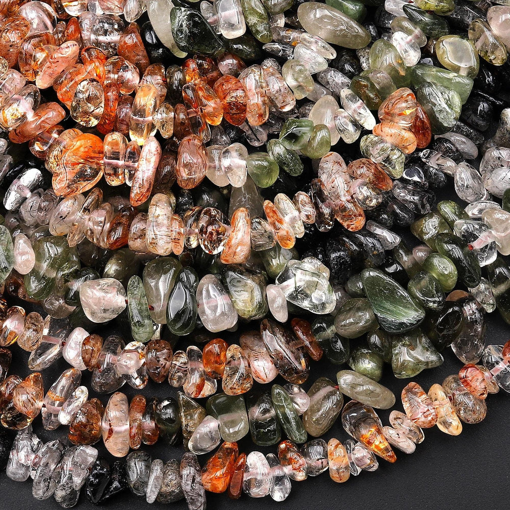 Natural Red Blue Green Tourmaline Rutile Quartz Freeform Chip Pebble Nugget Beads Gemstone 15.5" Strand