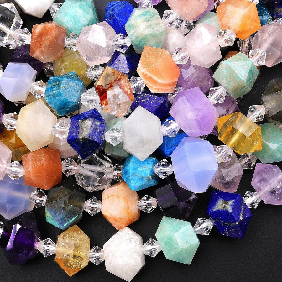 Faceted Double Terminated Points Natural Apatite Rose Quartz Amethyst Amazonite Lapis Moonstone Citrine Blue Chalcedony Beads 15.5" Strand