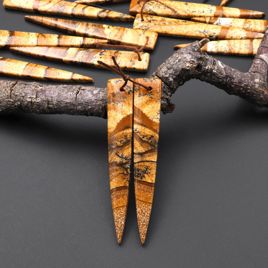 AAA Drilled Natural Scenic Picture Jasper Oblong Triangle Dagger Earring Cabochon Matched Gemstone Bead Pair A12