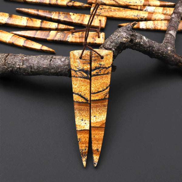 AAA Drilled Natural Scenic Picture Jasper Oblong Triangle Dagger Earring Cabochon Matched Gemstone Bead Pair A10