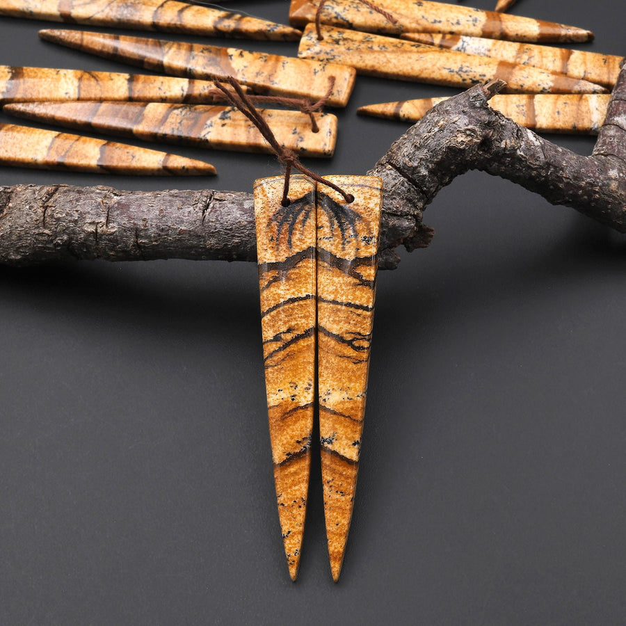 AAA Drilled Natural Scenic Picture Jasper Oblong Triangle Dagger Earring Cabochon Matched Gemstone Bead Pair A9