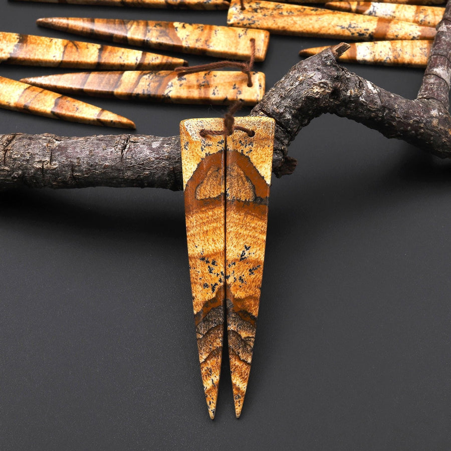 AAA Drilled Natural Scenic Picture Jasper Oblong Triangle Dagger Earring Cabochon Matched Gemstone Bead Pair A7