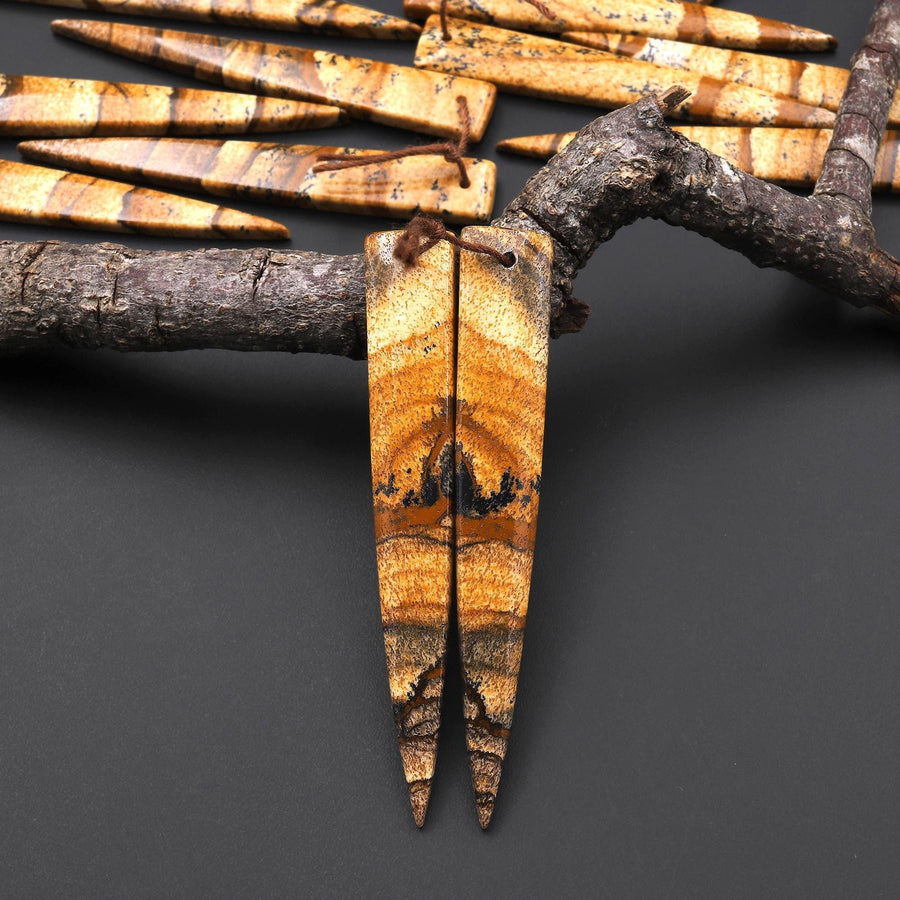 AAA Drilled Natural Scenic Picture Jasper Oblong Triangle Dagger Earring Cabochon Matched Gemstone Bead Pair