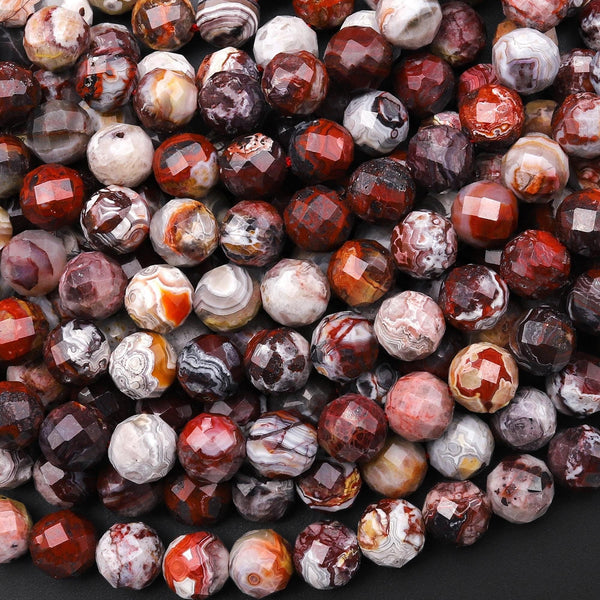 Faceted Natural Red Laguna Lace Agate 8mm 10mm Round Beads From Mexico 15.5" Strand