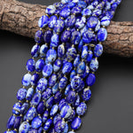 AAA Rare Natural Blue Lapis Smooth Oval Beads w/ White Calcite Golden Pyrite Matrix 15.5" Strand