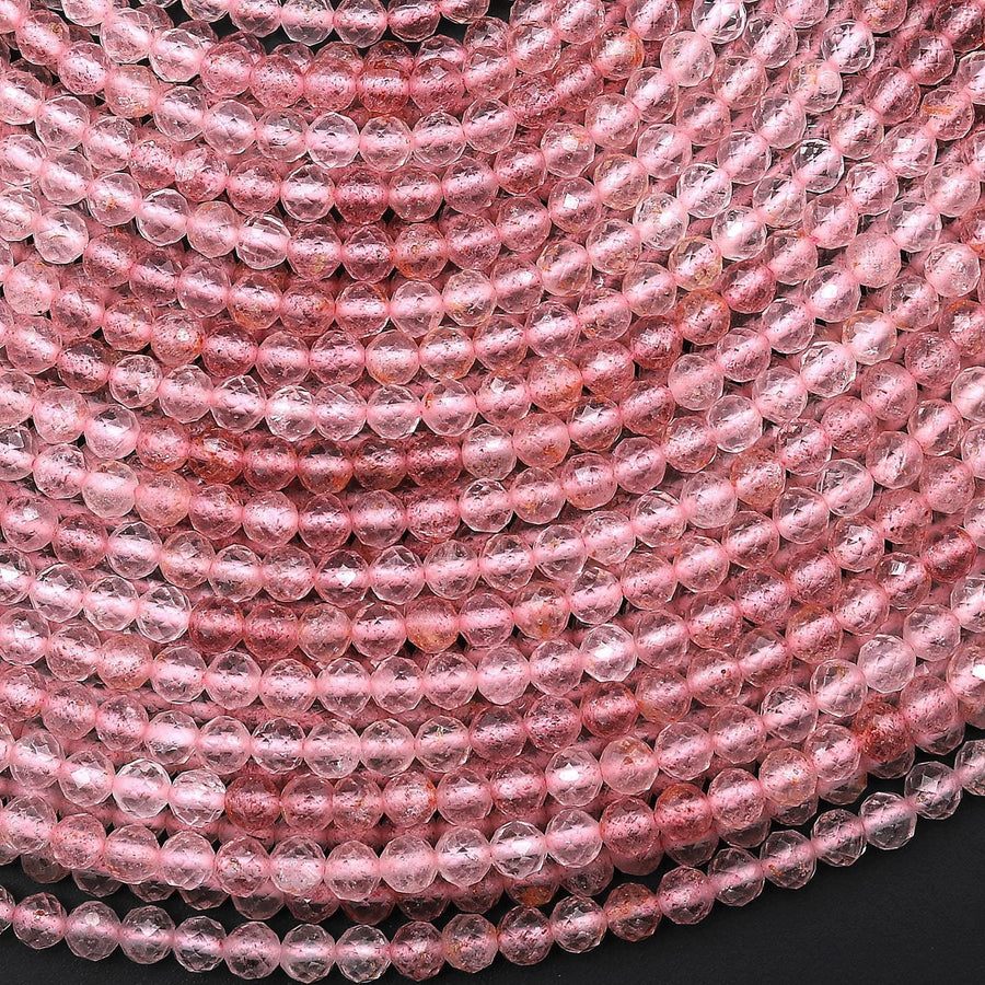 Faceted Natural Pink Strawberry Quartz 4mm Round Beads Ombre Gemstone 15.5" Strand