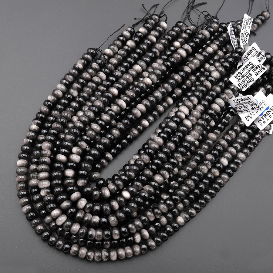 AAA Natural Silver Obsidian Smooth Rondelle Beads 8mm 15.5" Strand