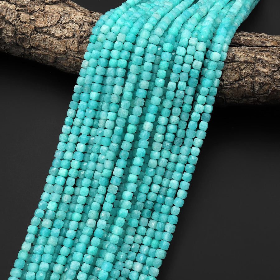 AAA Natural Peruvian Amazonite Faceted 4mm Cube Beads 15.5" Strand