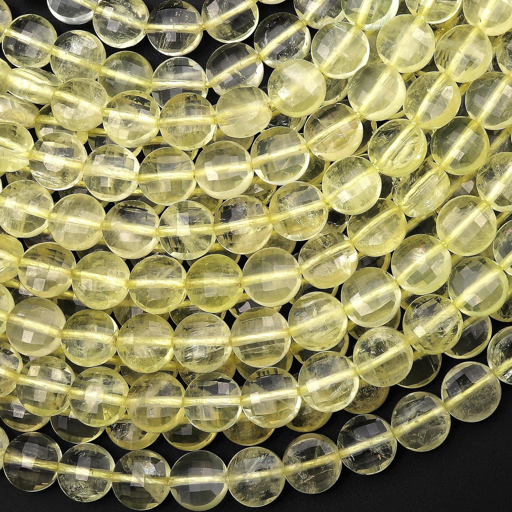 Faceted AAA Natural Brazilian Lemon Quartz Coin Beads 8mm 10mm Gemstone 15.5" Strand