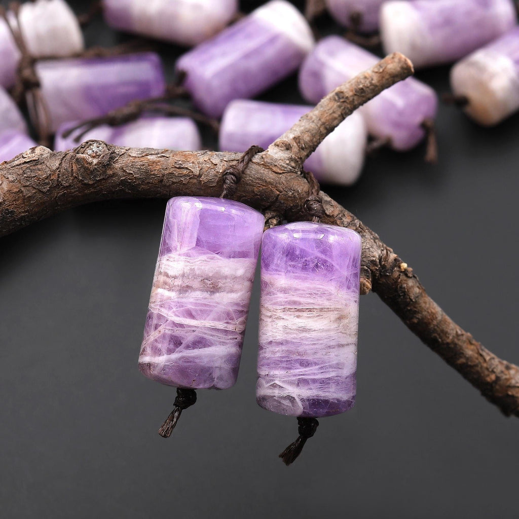 Natural Light Purple Rainbow Amethyst Earring Pair Matched Cylinder Tube 20mm Gemstone Beads A2