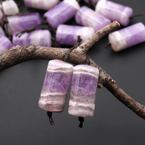 Natural Light Purple Rainbow Amethyst Earring Pair Matched Cylinder Tube 20mm Gemstone Beads A3