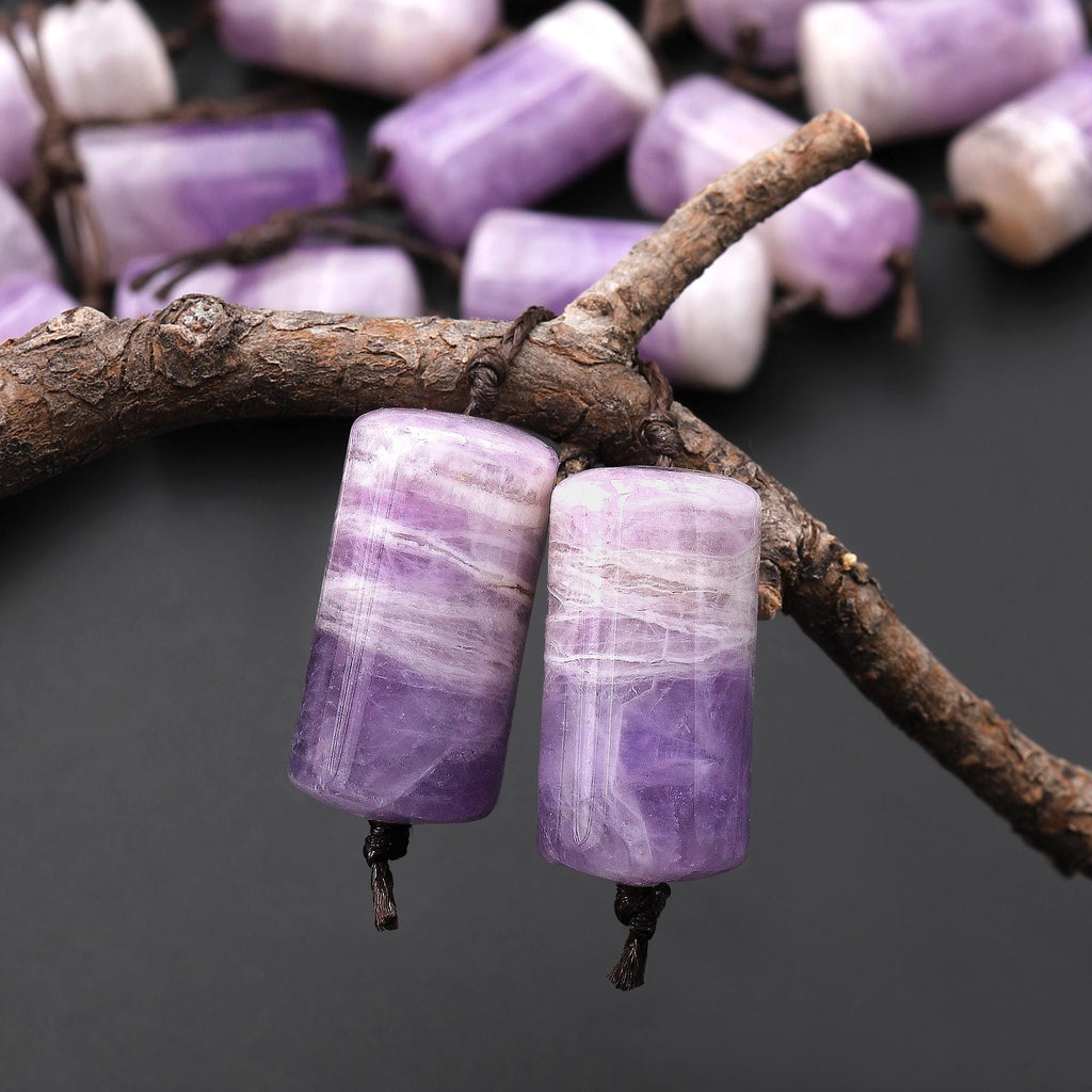 Natural Light Purple Rainbow Amethyst Earring Pair Matched Cylinder Tube 20mm Gemstone Beads A5