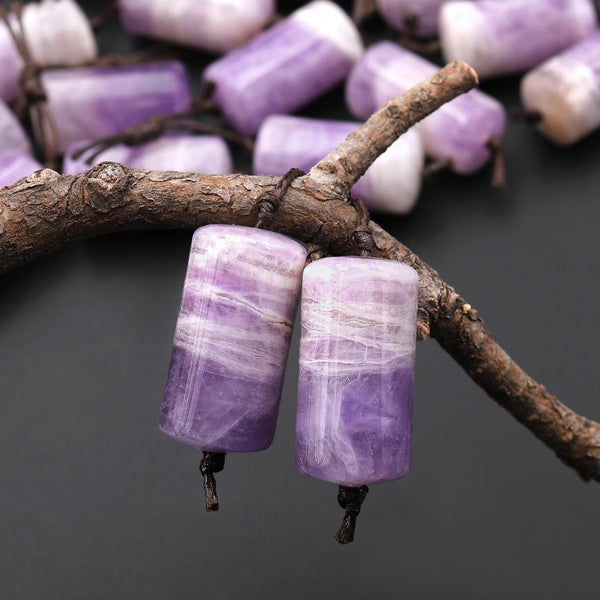 Natural Light Purple Rainbow Amethyst Earring Pair Matched Cylinder Tube 20mm Gemstone Beads A5