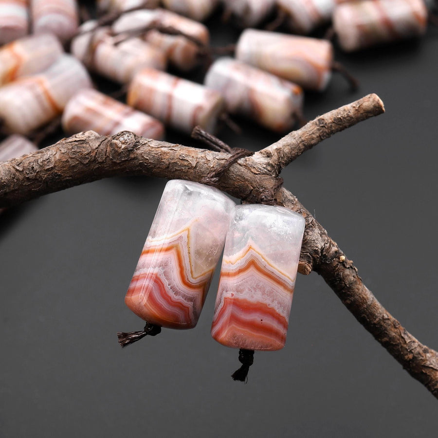 Rare Natural Peach Orange Red Rainbow Amethyst Earring Pair Matched Cylinder Tube 20mm Gemstone Beads